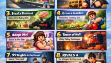 Kolase visual 8 game Roblox terlaris Maret 2026 menampilkan karakter, aksi, dan kode redeem untuk klaim hadiah.