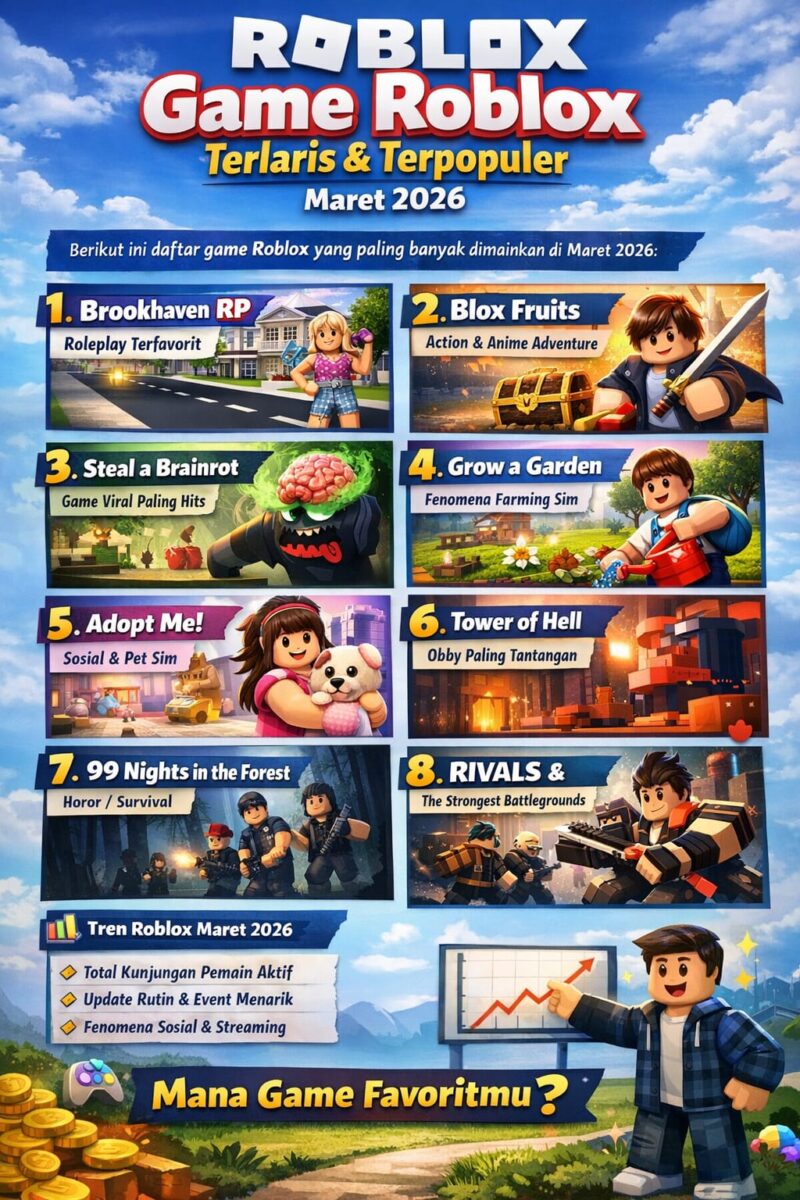 Kolase visual 8 game Roblox terlaris Maret 2026 menampilkan karakter, aksi, dan kode redeem untuk klaim hadiah.