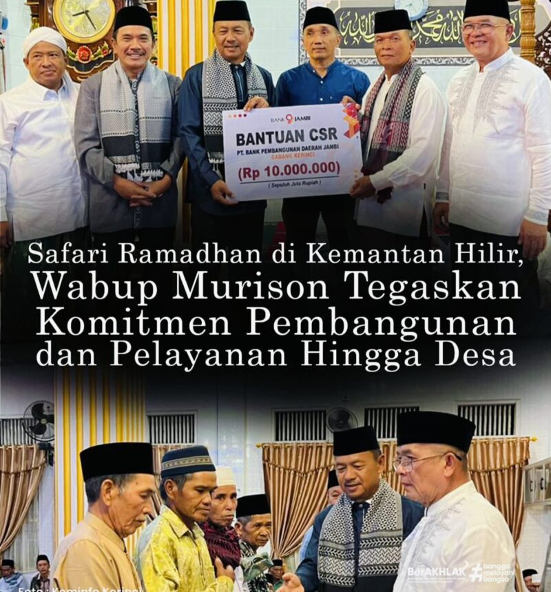 Wakil Bupati Kerinci, H. Murison, menyerahkan santunan kepada warga dan bantuan CSR Bank Jambi di Masjid At-Taqwa, Desa Kemantan Hilir, saat Safari Ramadhan 2026.