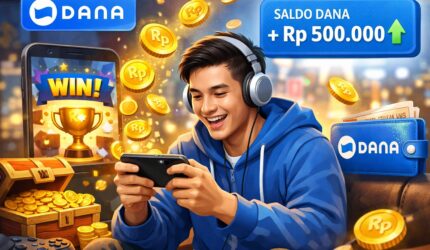 Ilustrasi pria bermain game di smartphone dengan saldo DANA bertambah Rp500.000