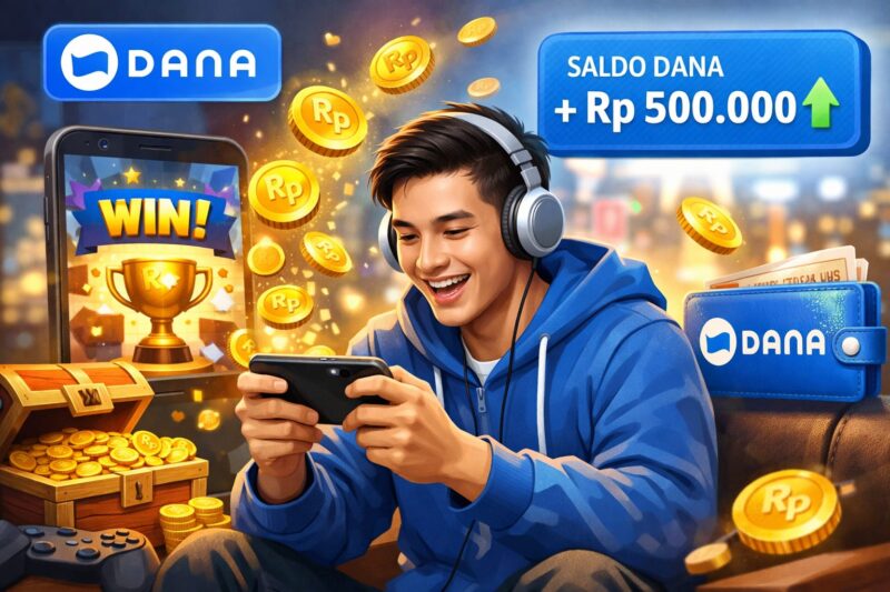 Ilustrasi pengguna bermain game penghasil uang dengan reward langsung masuk ke saldo DANA.