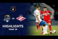 Pemain Spartak Moscow merayakan gol kemenangan 3-2 atas PFC Sochi di Liga Rusia. 