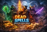 Ilustrasi tiga karakter Dead Spells Roblox: Necromancer menggunakan tongkat sihir hijau, Knight dengan pedang api, dan Defected Shogun memegang katana ungu, semua beraksi di dunia gelap penuh energi magis.