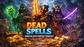 Ilustrasi tiga karakter Dead Spells Roblox: Necromancer menggunakan tongkat sihir hijau, Knight dengan pedang api, dan Defected Shogun memegang katana ungu, semua beraksi di dunia gelap penuh energi magis.