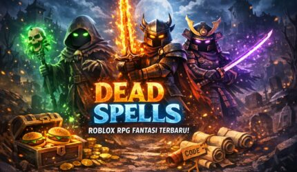Karakter Dead Spells Roblox beraksi di dunia fantasi gelap dengan sihir dan pedang, menampilkan Necromancer, Knight, dan Defected Shogun.