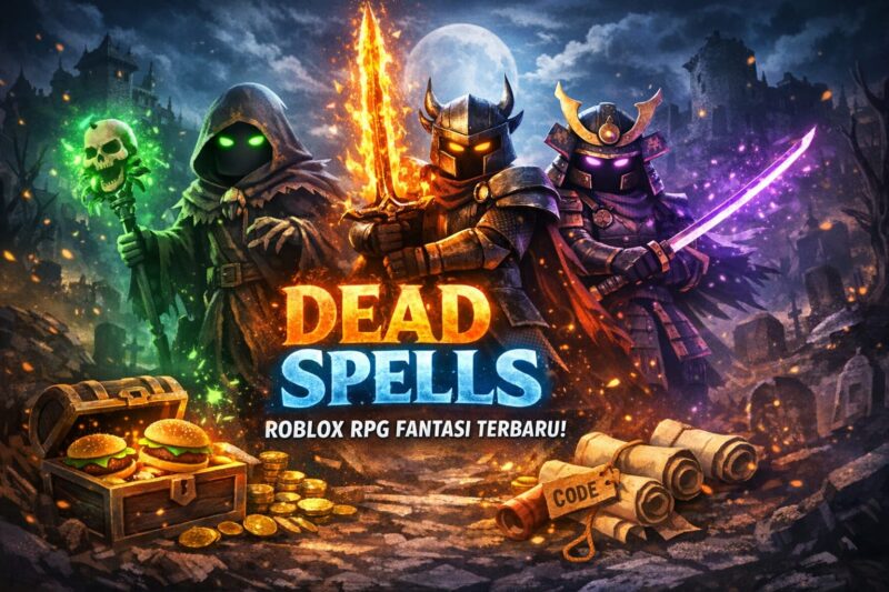 Ilustrasi tiga karakter Dead Spells Roblox: Necromancer menggunakan tongkat sihir hijau, Knight dengan pedang api, dan Defected Shogun memegang katana ungu, semua beraksi di dunia gelap penuh energi magis.