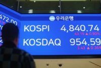 Layar pergerakan indeks KOSPI di Bursa Korea Selatan memerah setelah indeks anjlok 11 persen akibat meningkatnya ketegangan geopolitik global.