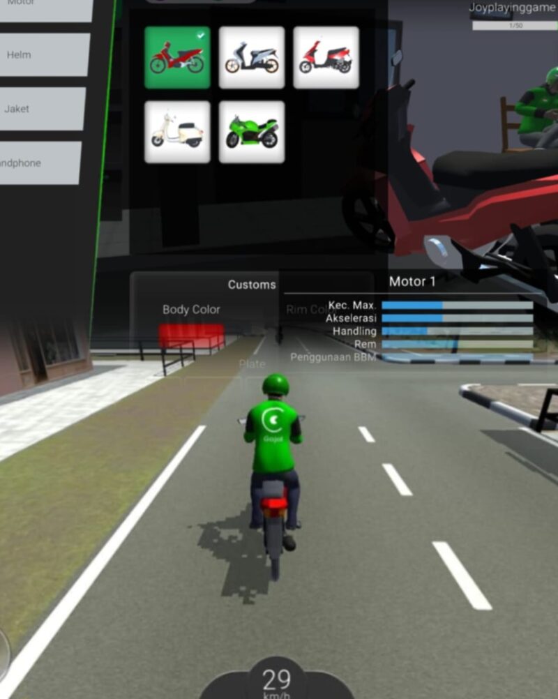 Tampilan gameplay dan menu kode redeem Ojol The Game yang sedang trending di Play Store.