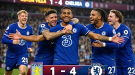 Pemain Chelsea merayakan gol saat menang telak 4-1 atas Aston Villa dalam lanjutan Liga Inggris.