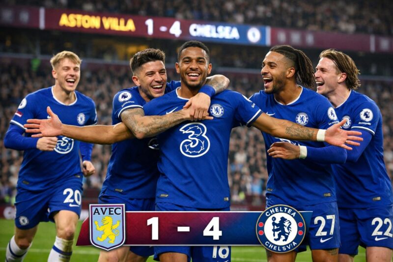 Pemain Chelsea merayakan gol saat menang telak 4-1 atas Aston Villa dalam lanjutan Liga Inggris.