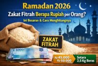 Besaran zakat fitrah 2026 setara 2,5 kilogram beras atau sekitar Rp45.000 hingga Rp50.000 per orang.