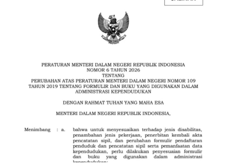 Permendagri 6 Tahun 2026 menetapkan penulisan status PNS dan PPPK menjadi ASN dalam dokumen kependudukan resmi.