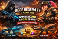 Ilustrasi kode redeem Free Fire 7 Maret 2026 yang memberikan hadiah skin XM8 dan Bizon gratis bagi pemain.