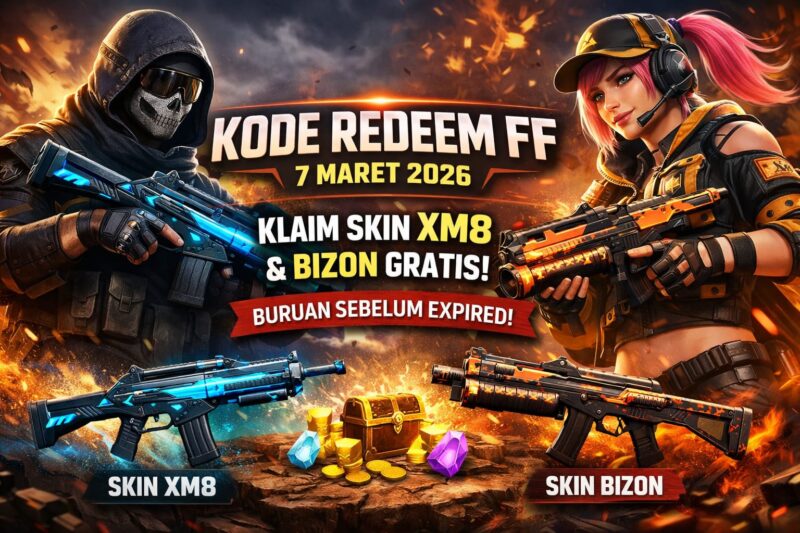 Ilustrasi kode redeem Free Fire 7 Maret 2026 yang memberikan hadiah skin XM8 dan Bizon gratis bagi pemain.