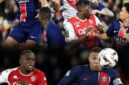 Pemain Monaco merayakan gol ke gawang PSG pada pertandingan Ligue 1 di Parc des Princes.