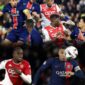 Pemain Monaco merayakan gol ke gawang PSG pada pertandingan Ligue 1 di Parc des Princes.