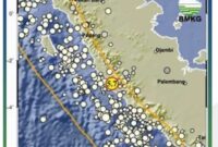 Peta BMKG menunjukkan lokasi gempa tektonik magnitudo 5,7 yang mengguncang wilayah Lebong, Bengkulu pada 7 Maret 2026 dan dipastikan tidak berpotensi tsunami.