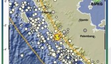 Peta BMKG menunjukkan lokasi gempa tektonik magnitudo 5,7 yang mengguncang wilayah Lebong, Bengkulu pada 7 Maret 2026 dan dipastikan tidak berpotensi tsunami.