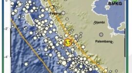 Peta BMKG menunjukkan lokasi gempa tektonik magnitudo 5,7 yang mengguncang wilayah Lebong, Bengkulu pada 7 Maret 2026 dan dipastikan tidak berpotensi tsunami.