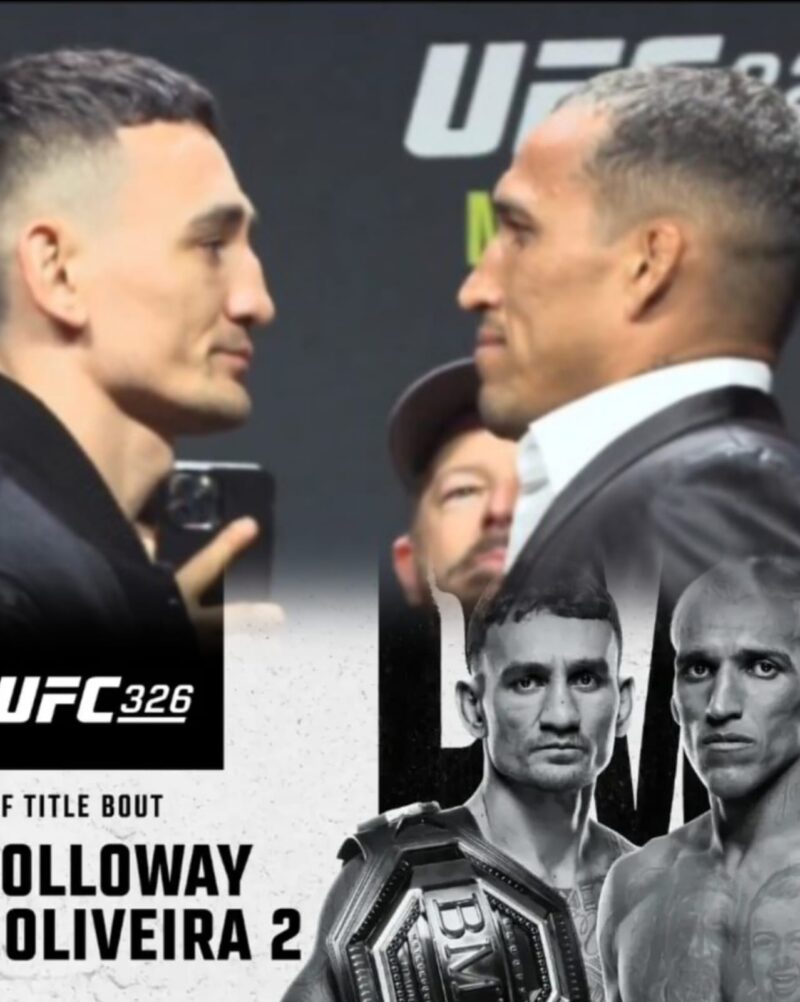Poster pertarungan utama UFC 326 yang mempertemukan Max Holloway melawan Charles Oliveira.