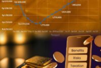 Ilustrasi emas digital yang diperdagangkan melalui platform investasi online di smartphone.