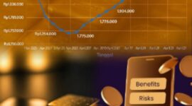 Ilustrasi emas digital yang diperdagangkan melalui platform investasi online di smartphone.