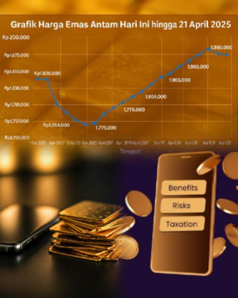 Ilustrasi emas digital yang diperdagangkan melalui platform investasi online di smartphone.