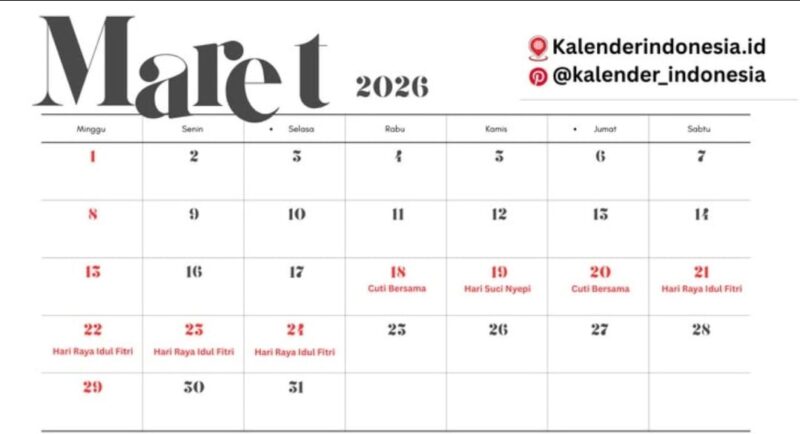 Ilustrasi kalender Maret 2026 yang menunjukkan rangkaian libur panjang Nyepi dan Idul Fitri di Indonesia.