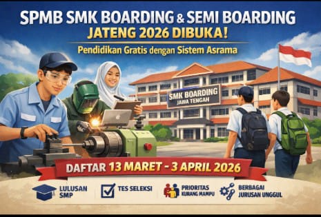 Pemprov Jawa Tengah membuka pendaftaran SPMB SMKN Boarding dan Semi Boarding bagi lulusan SMP dari keluarga kurang mampu.