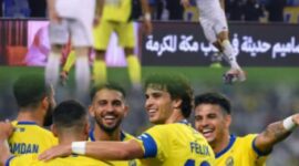 Pemain Al Nassr merayakan gol saat menghadapi Al Khaleej di laga Saudi Pro League.