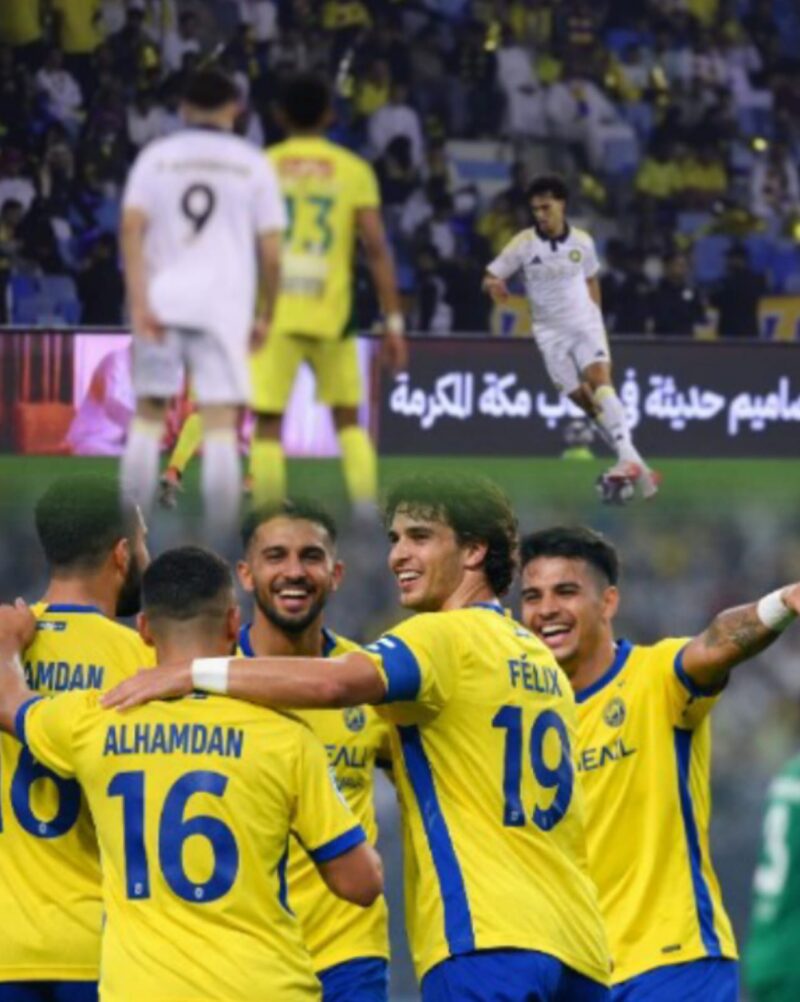 Pemain Al Nassr merayakan gol saat menghadapi Al Khaleej di laga Saudi Pro League.