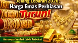 Perhiasan emas dipajang di etalase toko emas menjelang Lebaran 1447 Hijriah.