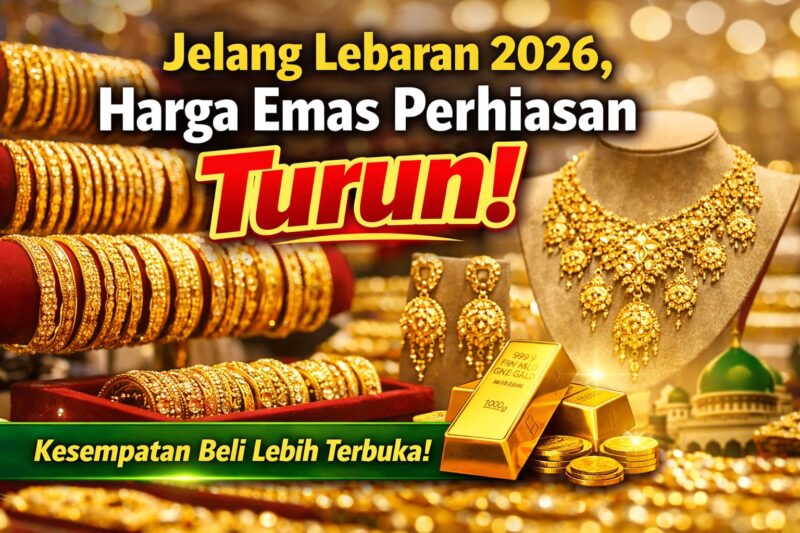 Perhiasan emas dipajang di etalase toko emas menjelang Lebaran 1447 Hijriah.