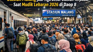 Suasana penumpang yang memadati Stasiun Malang saat masa angkutan mudik Lebaran 2026.