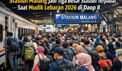 Keramaian penumpang di Stasiun Malang selama arus mudik Lebaran 2026.