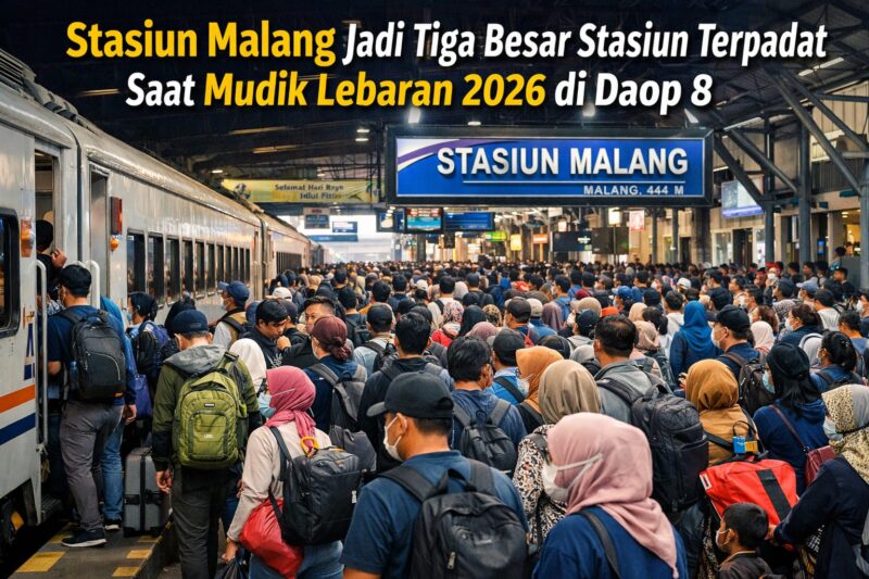 Suasana penumpang yang memadati Stasiun Malang saat masa angkutan mudik Lebaran 2026.