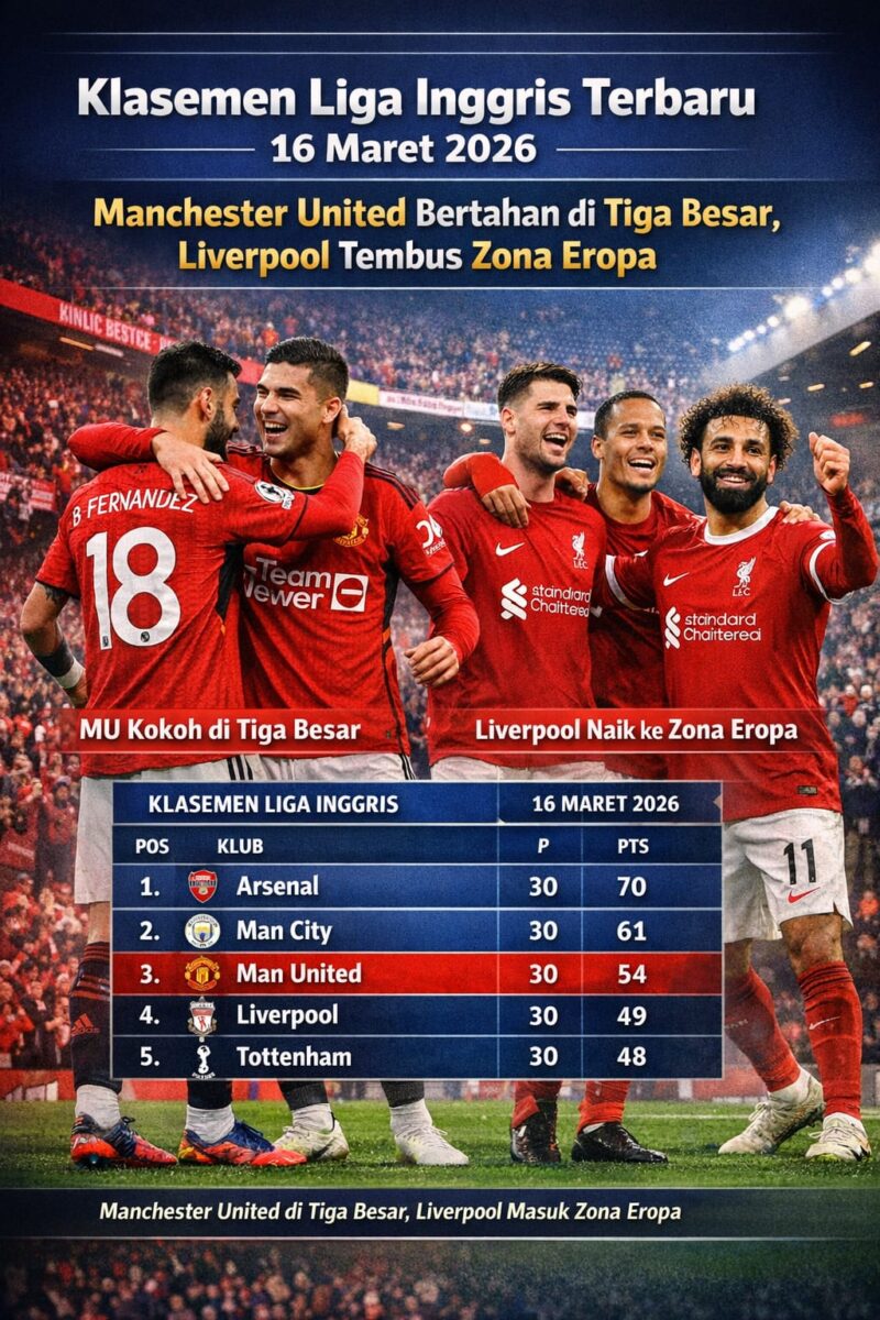 Manchester United bertahan di posisi tiga besar klasemen Premier League sementara Liverpool naik ke zona Eropa pada pekan terbaru Liga Inggris.