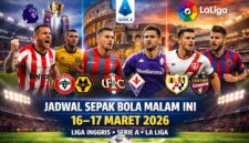 Ilustrasi pertandingan sepak bola dari Liga Inggris, Serie A Italia, dan La Liga Spanyol yang digelar pada 16–17 Maret 2026.