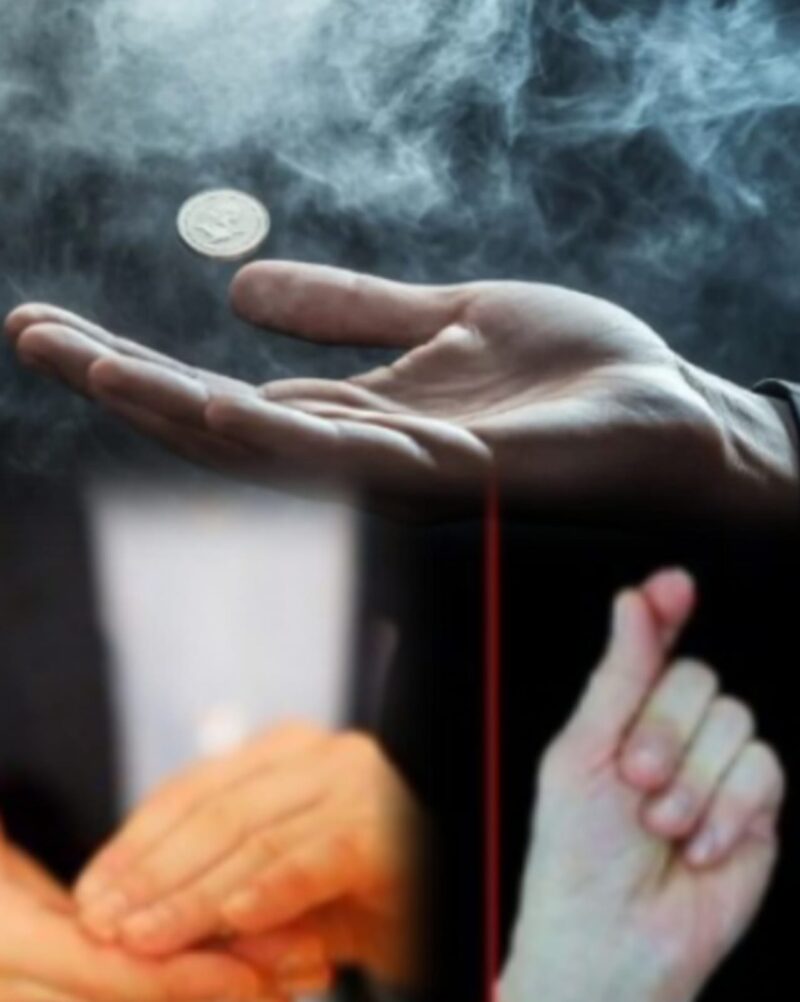 Ilustrasi pesulap menampilkan trik sulap koin di depan penonton dengan teknik tangan cepat.
