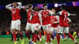 Pemain Arsenal merayakan kemenangan atas Bayer Leverkusen di Liga Champions