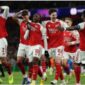 Pemain Arsenal merayakan kemenangan atas Bayer Leverkusen di Liga Champions