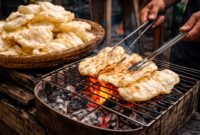 Kerupuk bakar khas Palembang yang dipanggang di atas bara api oleh pedagang tradisional.