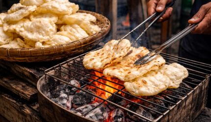kerupuk bakar khas Palembang dipanggang di atas arang tradisional