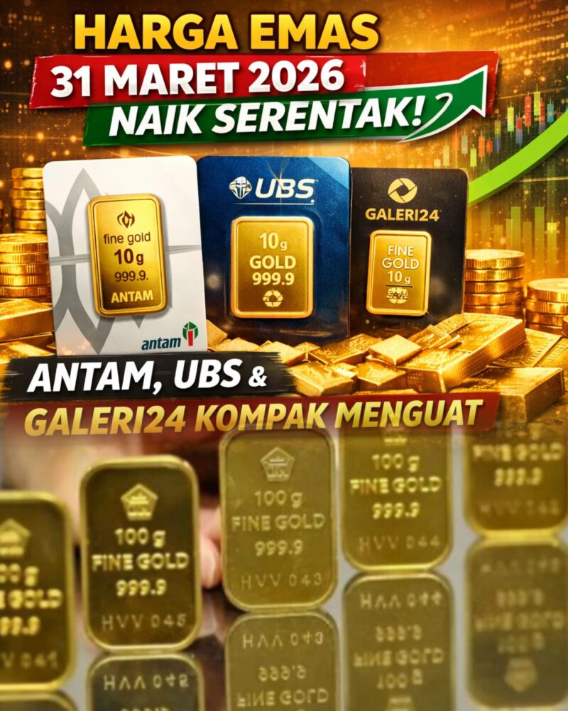 Ilustrasi emas batangan Antam, UBS, dan Galeri24 yang mengalami kenaikan harga pada 31 Maret 2026.