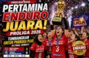 Selebrasi pemain Jakarta Pertamina Enduro usai memastikan gelar juara Proliga 2026 setelah mengalahkan Gresik Phonska Plus di grand final.