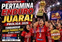 Selebrasi pemain Jakarta Pertamina Enduro usai memastikan gelar juara Proliga 2026 setelah mengalahkan Gresik Phonska Plus di grand final.