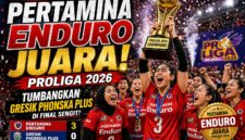 Selebrasi pemain Jakarta Pertamina Enduro usai memastikan gelar juara Proliga 2026 setelah mengalahkan Gresik Phonska Plus di grand final.