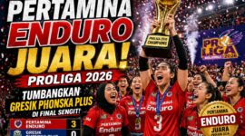 Selebrasi pemain Jakarta Pertamina Enduro usai memastikan gelar juara Proliga 2026 setelah mengalahkan Gresik Phonska Plus di grand final.