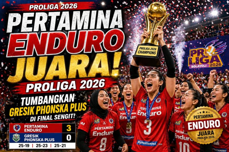 Selebrasi pemain Jakarta Pertamina Enduro usai memastikan gelar juara Proliga 2026 setelah mengalahkan Gresik Phonska Plus di grand final.