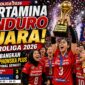Selebrasi pemain Jakarta Pertamina Enduro usai memastikan gelar juara Proliga 2026 setelah mengalahkan Gresik Phonska Plus di grand final.